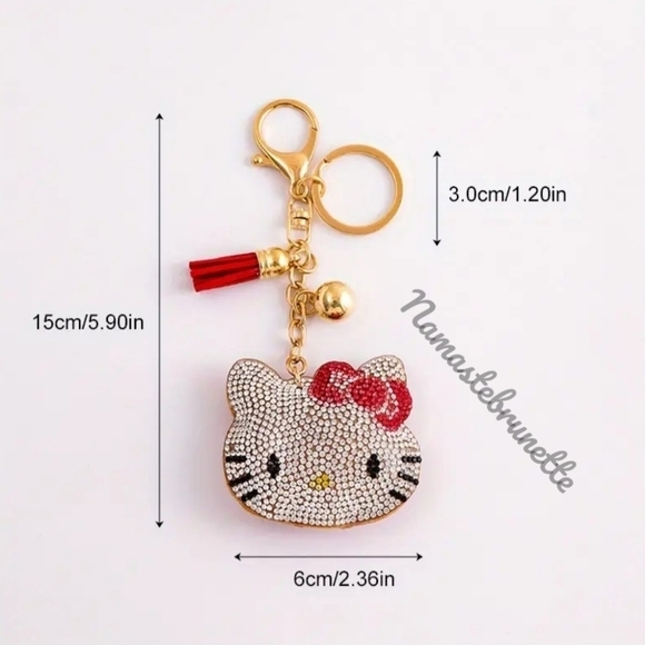 Hello Kitty Pink Bow Crystal Rhinestone Keychain Bag Charm with Tan Tass… - Picture 4 of 14